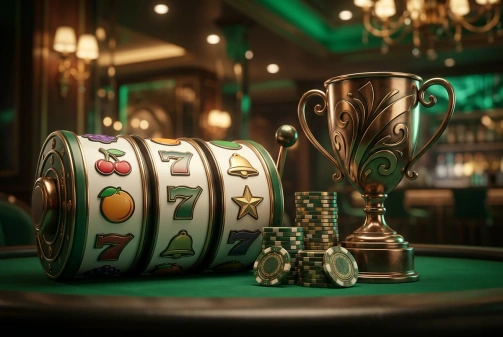 Rodillos de tragaperras junto a fichas y un trofeo